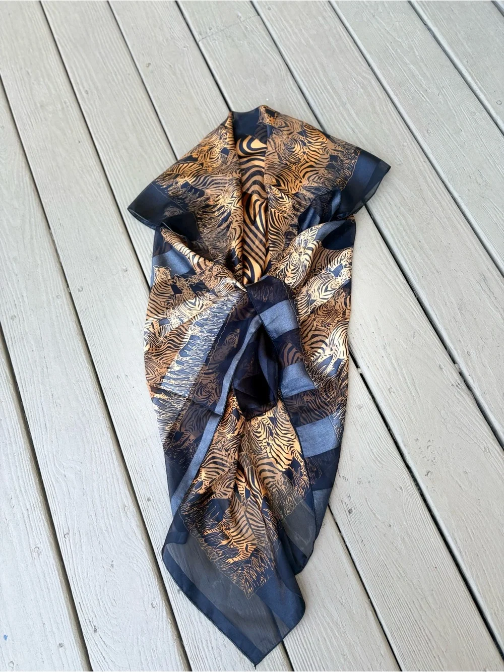 NWOT Silk-Feel Zebra Print Scarf in Black and Gold, Size: 38” x 38”